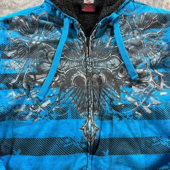 Vintage Y2K MMA Elite Hoodie Size L Blue Sherpa Lined Zip Up Skull Affliction - Picture 3 of 12